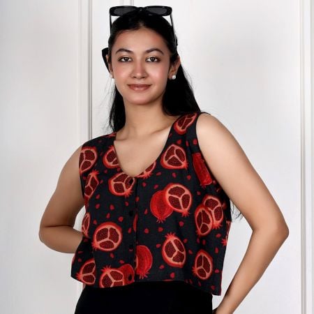 Handcrafted Pomegranate Cut Sleeves Top Cotton V Neck